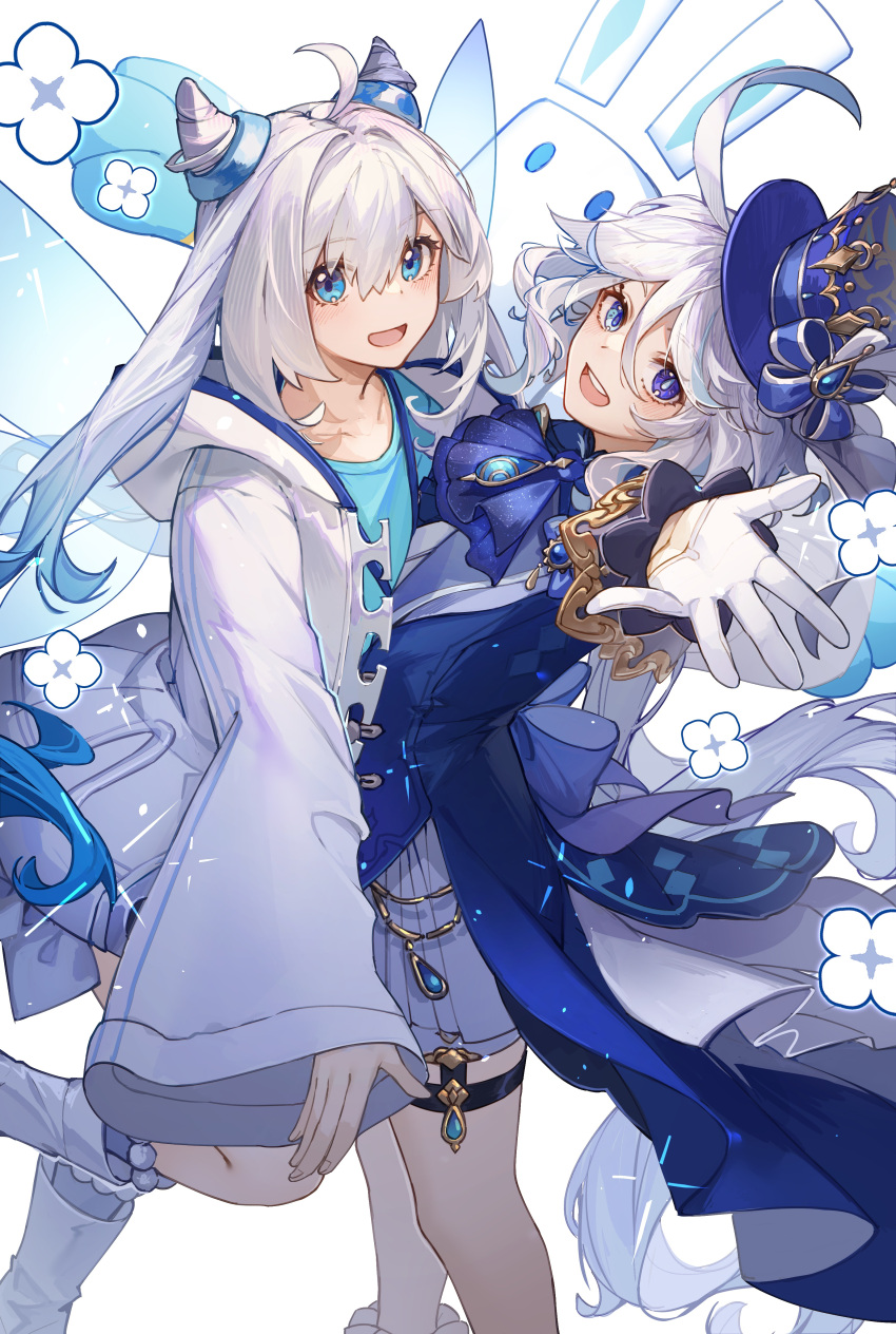 2girls :d absurdres ahoge ascot blue_ascot blue_eyes blue_headwear blue_jacket blue_shirt bow coat commentary_request cone_hair_bun cowlick drop-shaped_pupils feet_out_of_frame flower furina_(genshin_impact) genshin_impact gloves hair_bun hat hat_bow heterochromia highres jacket kotatsu_kaya long_hair long_sleeves looking_at_viewer mihoyo miyouji multiple_girls open_clothes open_coat open_mouth shirt shorts smile top_hat white_coat white_flower white_footwear white_gloves white_shorts wide_sleeves
