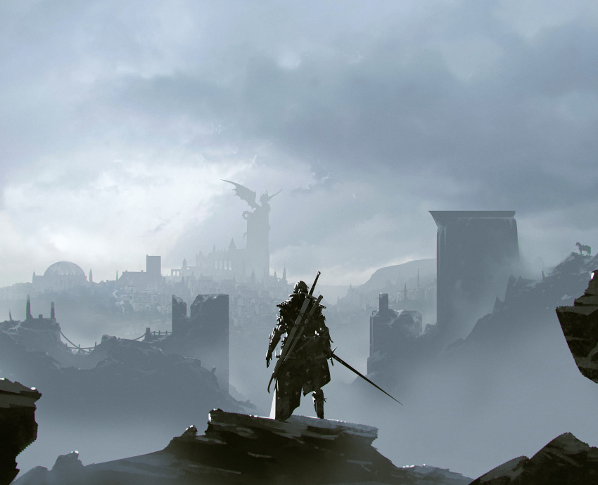 1boy absurdres animal boots building city clouds cloudy_sky dragon from_behind geralt_of_rivia highres holding holding_sword holding_weapon horse kalmahul male_focus outdoors scenery sky solo standing sword the_witcher_(series) weapon