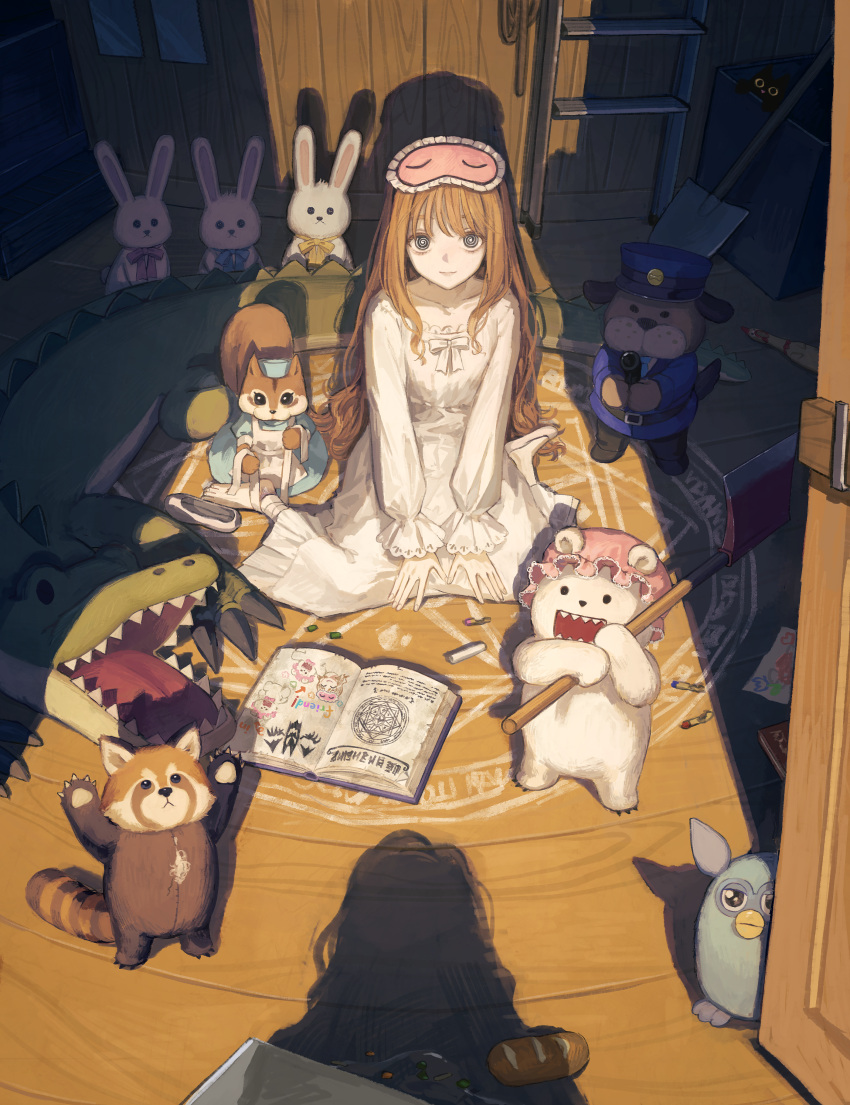 1girl @_@ absurdres applying_bandages axe bandaged_ankle bandaged_leg bandages black_cat black_eyes book bread brown_hair cat chalk collarbone drawer drawing dress first_aid food frilled_sleeves frills from_above full_body grimoire hexagram highres holding holding_axe indoors kotobuki_nashiko ladder living_plush long_hair long_sleeves magic_circle mask mask_on_head off-shoulder_dress off_shoulder open_book open_door original police police_uniform rope shade shadow shoes shovel single_shoe sitting sleep_mask smile solo sprain stuffed_animal stuffed_crocodile stuffed_dog stuffed_panda stuffed_rabbit stuffed_squirrel stuffed_toy summoning teddy_bear uniform v_arms wariza wavy_hair white_dress white_footwear wooden_floor wooden_wall