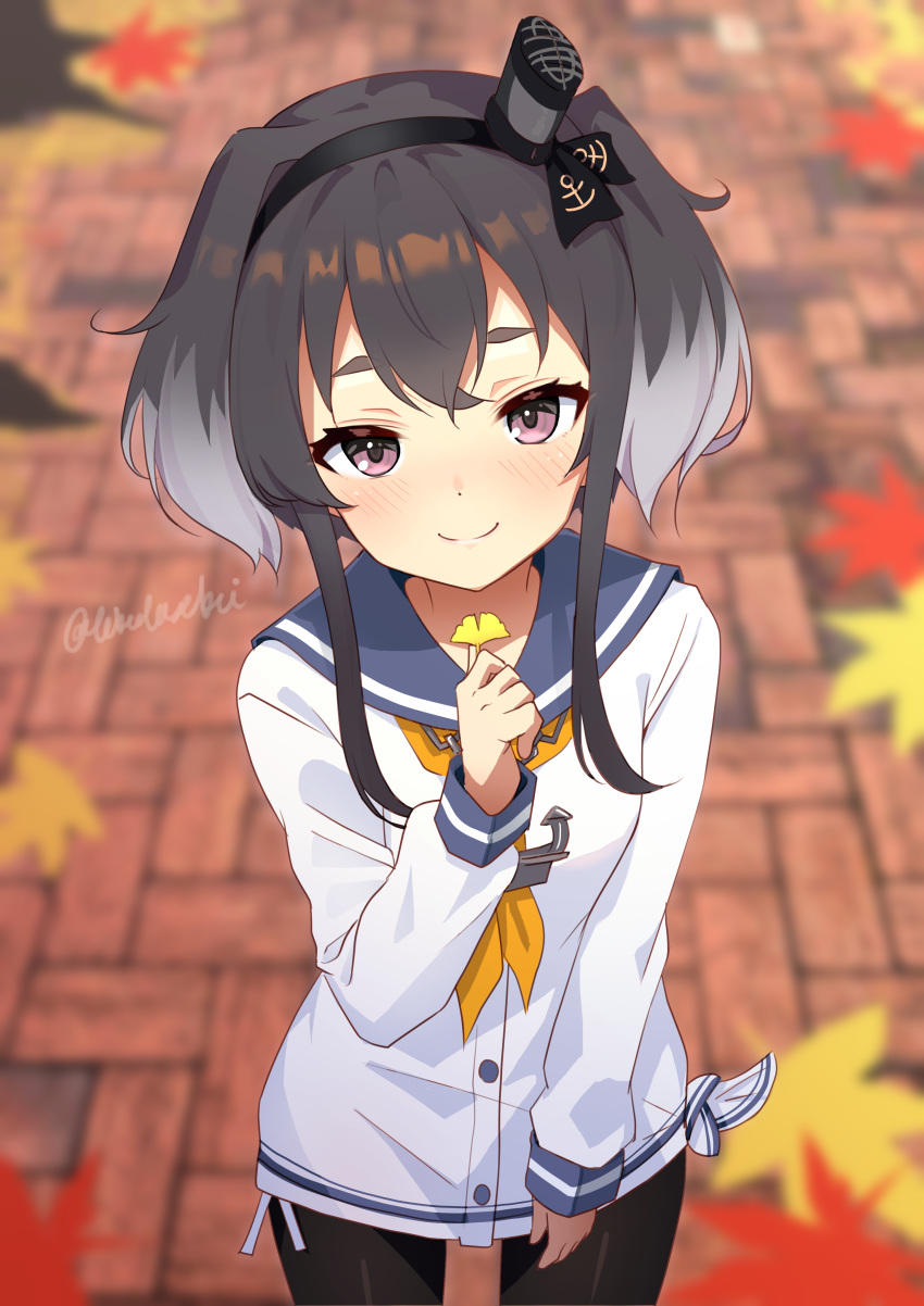1girl absurdres black_hair black_pantyhose blue_sailor_collar blurry blurry_background blush closed_mouth commentary_request cowboy_shot flower grey_hair hand_up highres holding holding_flower kantai_collection leaf long_sleeves looking_at_viewer maple_leaf neckerchief orange_neckerchief pantyhose sailor_collar shirt short_hair short_hair_with_long_locks sidelocks smile smokestack_hair_ornament solo standing tied_shirt toketa-sekai tokitsukaze_(kancolle) violet_eyes white_shirt