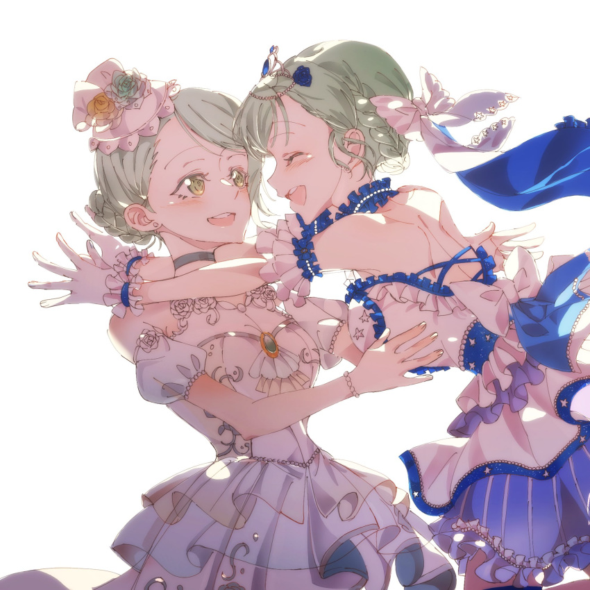 2girls bang_dream! blue_trim bow closed_eyes commentary_request dress green_eyes green_hair grey_choker hair_bow highres hikawa_hina hikawa_sayo imminent_kiss incest junjun_(kimi-la) looking_at_another multiple_girls open_mouth siblings sisters smile tiara twincest twins wedding wedding_dress white_bow white_dress wrist_cuffs yuri