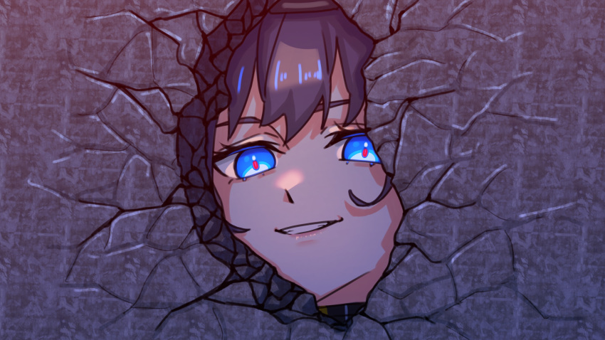 1girl black_hair blue_eyes crack cracked_wall grin highres hole_in_wall hololive hololive_english ouro_kronii red_pupils smile solo teeth virtual_youtuber wall yuutomeh