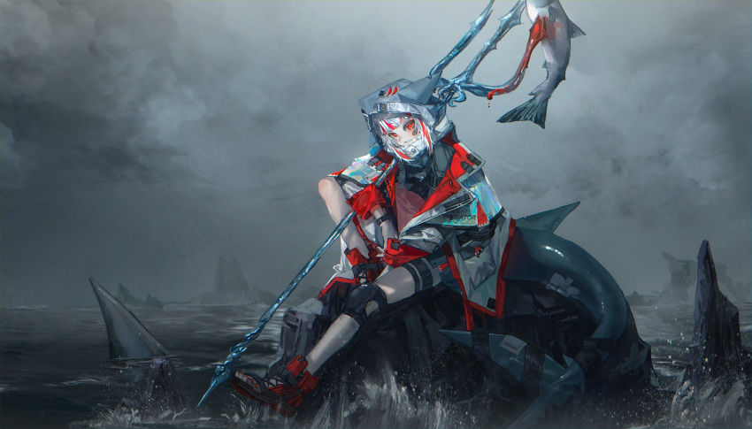 1girl animal_hood black_shirt blood blood_on_weapon fins fish fish_tail gawr_gura grey_hair highres holding holding_polearm holding_weapon hololive hololive_english hood jacket knee_pads knee_up multicolored_hair overcast polearm quasarcake rainbow_gradient red_eyes red_footwear red_jacket red_nails redhead reflect_(gawr_gura) rock shark shark_girl shark_hood shark_tail sharp_teeth shirt single_knee_pad sitting sitting_on_rock sky splashing streaked_hair tail teeth thigh_strap trident two-sided_fabric two-sided_jacket weapon white_jacket