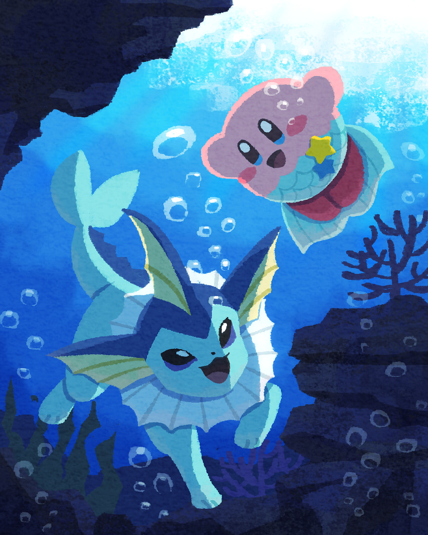 air_bubble blue_eyes blush_stickers bubble coral fins highres kirby kirby_(series) miclot neck_ruff nintendo no_humans open_mouth pink_footwear pokemon pokemon_(creature) rock shoes smile underwater vaporeon