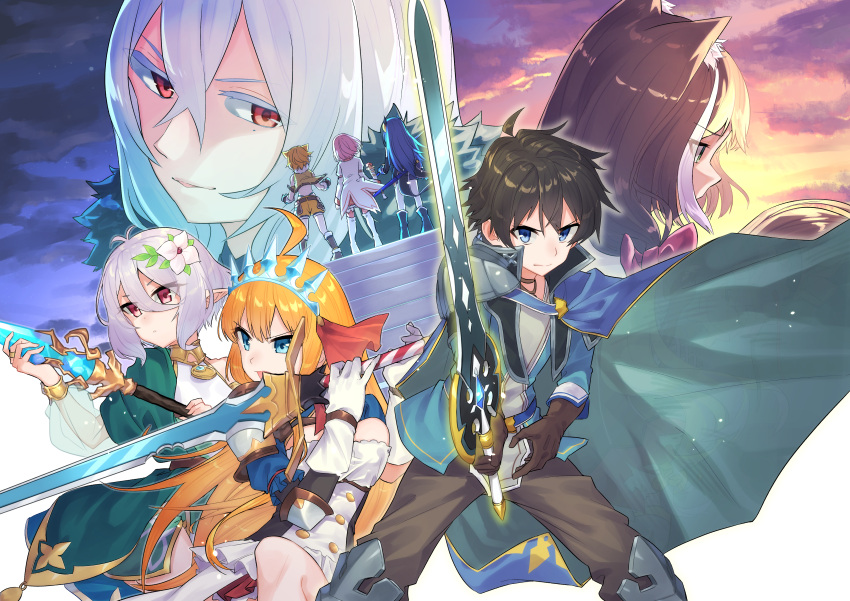 1boy 6+girls absurdres ahoge animal_ear_fluff animal_ears armored_boots black_hair blue_eyes boots cape closed_mouth clouds flower gloves grey_hair hair_between_eyes hair_flower hair_ornament highres hiyori_(princess_connect!) holding holding_staff holding_sword holding_weapon karyl_(princess_connect!) kokkoro_(princess_connect!) long_hair multicolored_hair multiple_girls orange_eyes pants pecorine_(princess_connect!) pointy_ears princess_connect! rei_(princess_connect!) senri_mana_(princess_connect!) sho_bu_1116 short_hair sky staff standing streaked_hair sword weapon yui_(princess_connect!) yuuki_(princess_connect!)