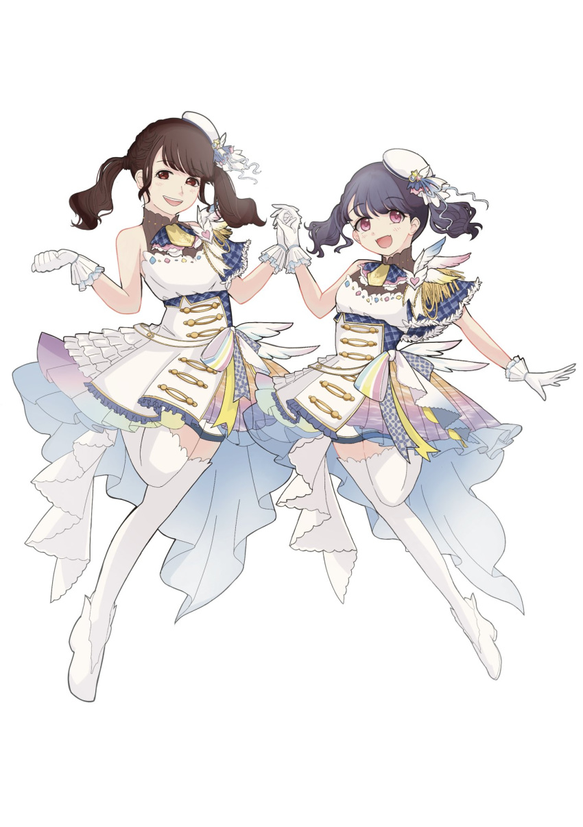 2girls beret black_hair commentary_request dress fukumaru_koito full_body gloves hat highres holding_hands idol idolmaster idolmaster_shiny_colors kitp layered_skirt looking_at_viewer mini_hat multiple_girls short_dress short_hair skirt swept_bangs thigh-highs twintails violet_eyes voice_actor white_background white_dress white_gloves white_thighhighs