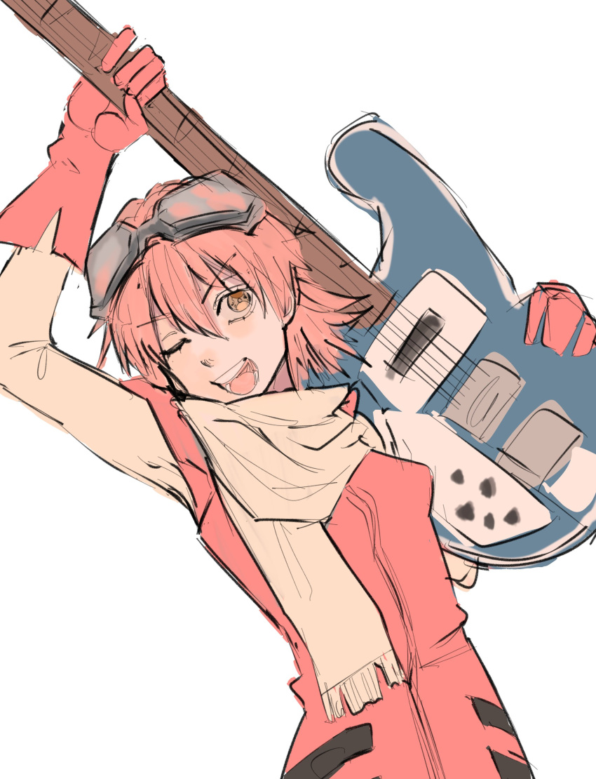 1girl absurdres flcl gloves goggles goggles_on_head guitar hair_between_eyes haruhara_haruko highres instrument nebula_flabby one_eye_closed open_mouth pink_hair red_gloves short_hair simple_background solo teeth white_background