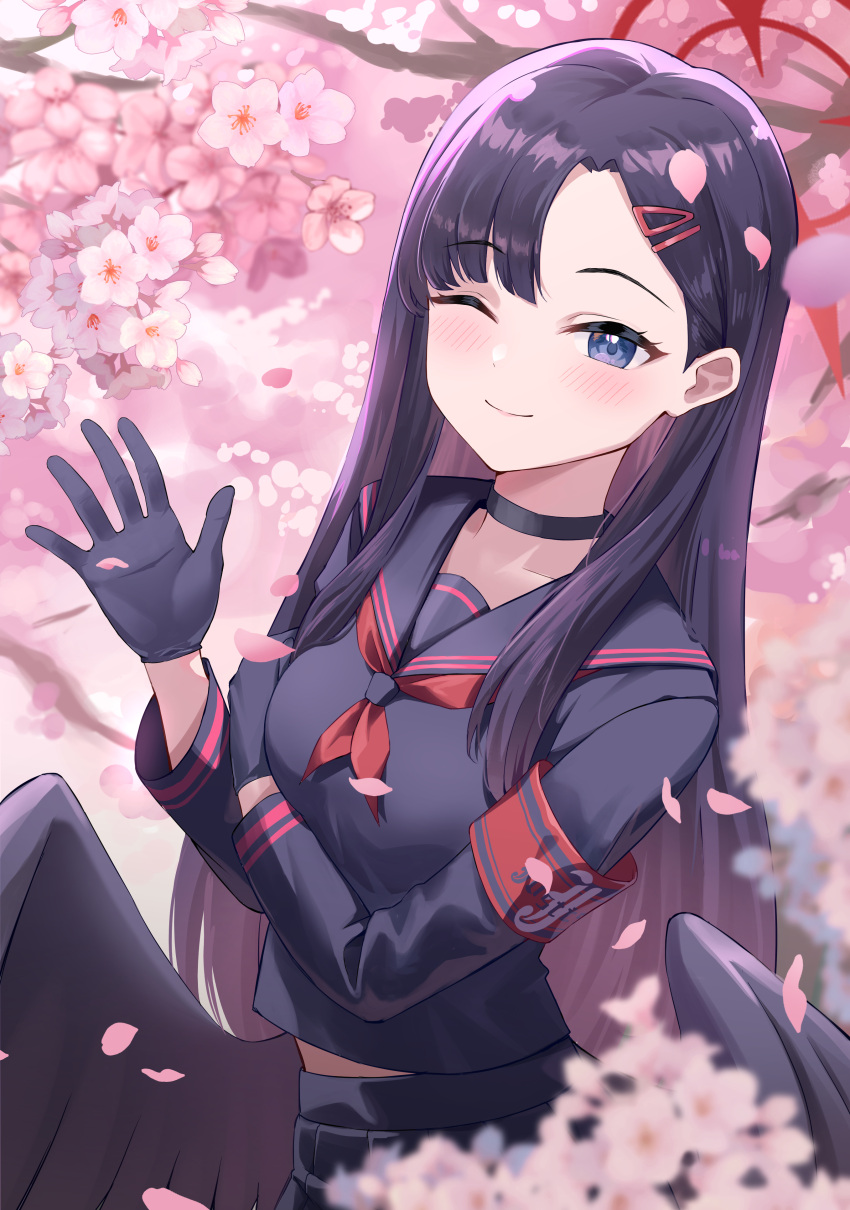 1girl absurdres armband black_choker black_eyes black_gloves black_hair black_sailor_collar black_serafuku black_skirt black_wings blue_archive blush cherry_blossoms choker closed_mouth feathered_wings gloves hair_ornament hairclip halo highres ichika_(blue_archive) long_hair long_sleeves looking_at_viewer low_wings neckerchief one_eye_closed petals pleated_skirt red_armband red_halo red_neckerchief sailor_collar school_uniform serafuku skirt smile solo upper_body wings yeogpu_(seung832222)
