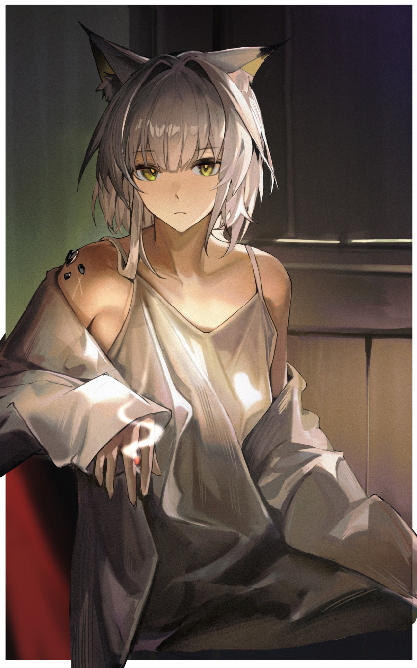 1girl absurdres arknights cigarette green_eyes grey_hair highres holding holding_cigarette jacket kal'tsit_(arknights) long_sleeves looking_at_viewer off_shoulder open_clothes open_jacket oripathy_lesion_(arknights) short_hair smoking solo tabayashi tank_top white_tank_top