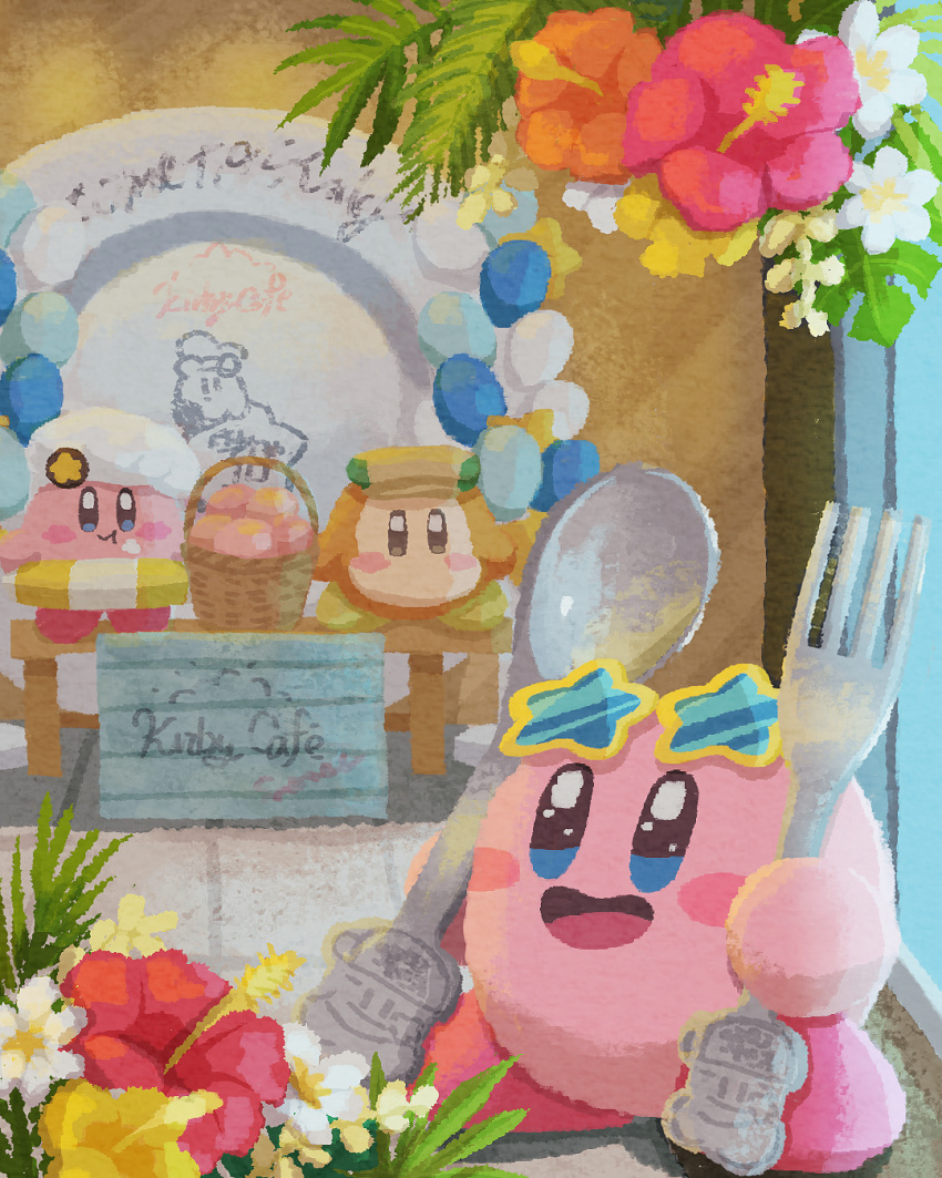 basket blue_eyes blush_stickers chef_hat flower fork happy hat hibiscus highres holding holding_fork holding_spoon kirby kirby's_dream_land kirby_(series) kirby_cafe leaf miclot no_humans open_mouth pink_flower pink_footwear plate shoes smile sparkling_eyes spoon star-shaped_pupils star_(symbol) sunglasses symbol-shaped_pupils waddle_dee white_flower white_headwear