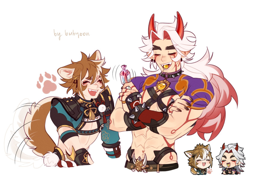2boys abs animal_ears arataki_itto black_nails body_markings bodypaint bombyoon bracelet brown_hair chibi chibi_inset choker crop_top dog_boy dog_ears dog_tail facepaint genshin_impact genshin_impact_sticker_redraw_(meme) gorou_(genshin_impact) hair_between_eyes hair_ornament highres horns jewelry long_hair male_focus meme multicolored_hair multiple_boys oni oni_horns open_mouth paw_print red_horns redhead reference_inset short_hair simple_background smile spiked_bracelet spiked_choker spikes streaked_hair tail toned toned_male upper_body vision_(genshin_impact) white_background white_hair