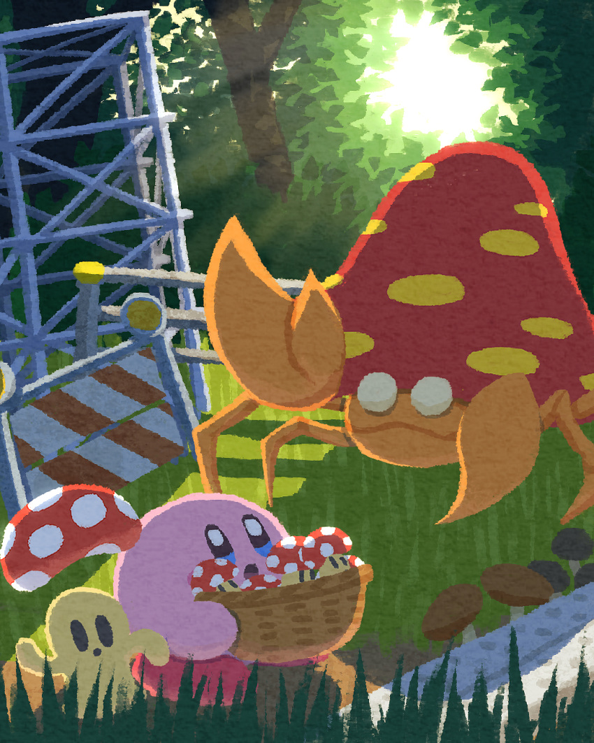 basket blue_eyes blush_stickers bush crab forest grass highres holding holding_basket kirby kirby_(series) light miclot mushroom nature no_humans open_mouth outdoors parasect pink_footwear pokemon pokemon_(creature) shoes tree