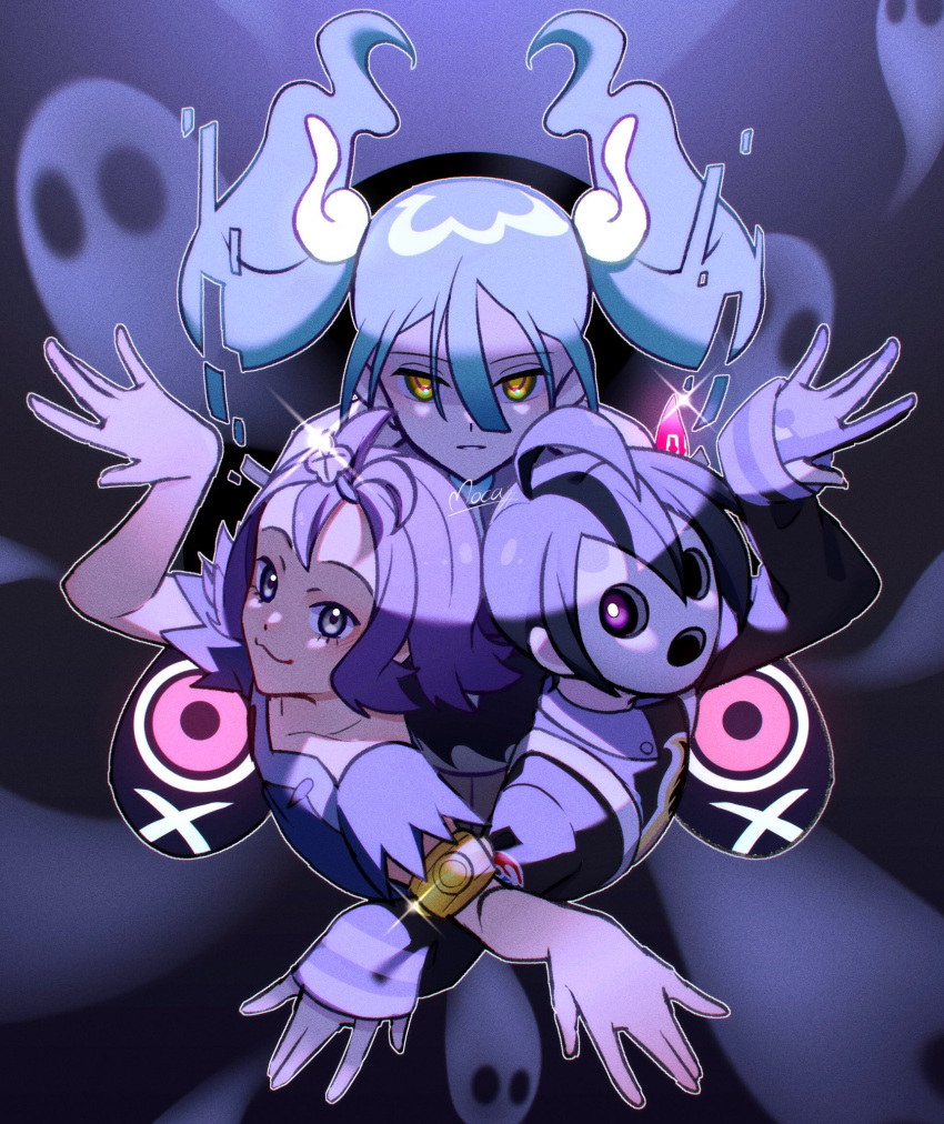 1boy 2girls acerola_(pokemon) ahoge allister_(pokemon) armlet black_hair bright_pupils closed_mouth collared_shirt commentary_request dress eyelashes floating_hair ghost_miku_(project_voltage) glint gloves grey_eyes hair_between_eyes hair_ornament hairclip hatsune_miku highres long_hair long_sleeves looking_up mask mocacoffee_1001 multiple_girls partially_fingerless_gloves pokemon pokemon_(game) pokemon_sm pokemon_swsh project_voltage purple_hair shirt short_hair short_sleeves signature single_glove smile suspenders topknot torn_clothes torn_dress twintails violet_eyes vocaloid white_pupils