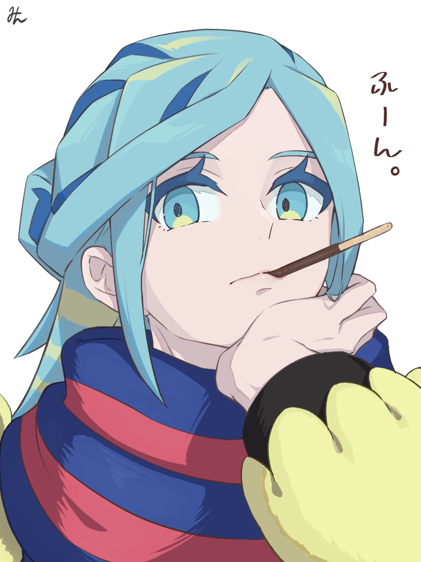 1boy blue_scarf closed_mouth commentary_request eyelashes food_in_mouth green_eyes green_hair grusha_(pokemon) hand_up head_rest highres jacket long_sleeves male_focus min_(myna8247) mouth_hold pocky_day pocky_in_mouth pokemon pokemon_(game) pokemon_sv scarf signature simple_background solo striped striped_scarf white_background yellow_jacket