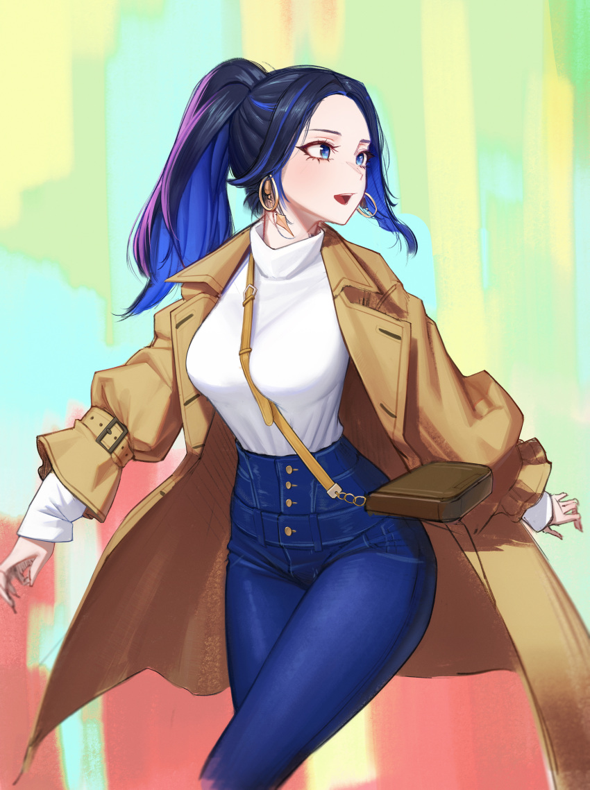 1girl absurdres alternate_hairstyle bag black_hair blue_eyes blue_hair blue_pants breasts brown_coat coat colored_inner_hair commentary denim earrings english_commentary hantata high-waist_pants high_ponytail highres hololive hololive_english jeans jewelry long_hair long_sleeves looking_to_the_side multicolored_hair official_alternate_costume open_clothes open_coat open_mouth ouro_kronii ouro_kronii_(3rd_costume) pants shoulder_bag solo sweater sweater_tucked_in teeth trench_coat upper_teeth_only virtual_youtuber white_sweater
