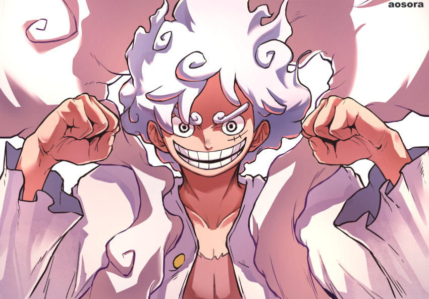 1boy alternate_form aosora2823 artist_name clenched_hands cloud_hair commentary curly_eyebrows curly_hair gear_fifth looking_at_viewer male_focus monkey_d._luffy one_piece open_clothes open_mouth scar scar_on_cheek scar_on_chest scar_on_face short_hair smile solo v-shaped_eyebrows white_hair