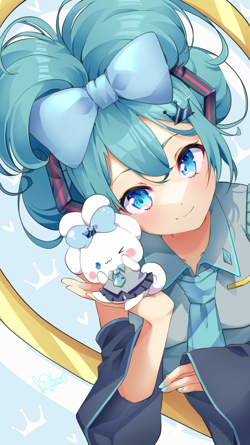 1girl 1other alternate_hairstyle aqua_eyes aqua_hair aqua_nails black_sleeves blue_eyes blue_necktie cinnamiku cinnamoroll closed_mouth detached_sleeves grey_shirt hair_ornament hatsune_miku highres hiragana_sherry long_hair looking_at_viewer necktie sanrio shirt smile vocaloid