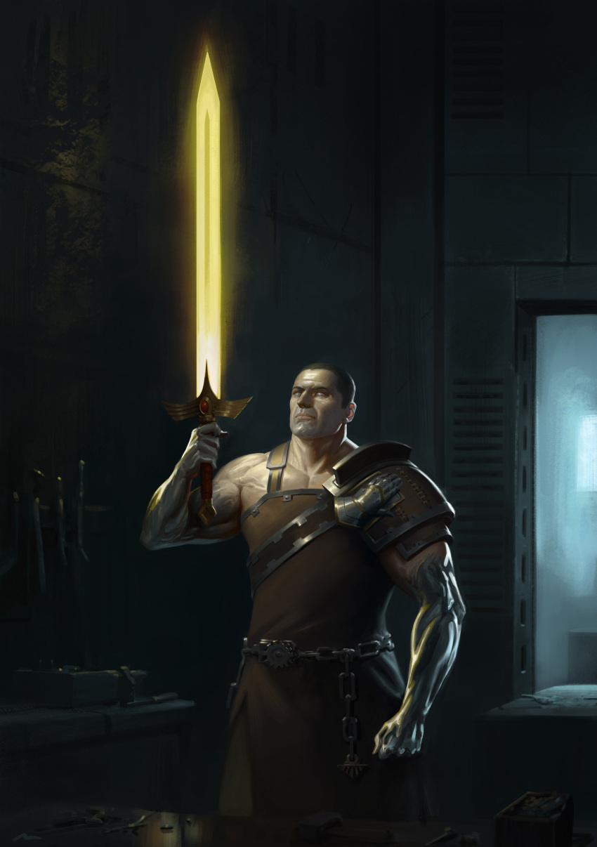 1boy absurdres armor black_hair chain commentary english_commentary ferrus_manus gauntlets glowing glowing_sword glowing_weapon highres holding holding_sword holding_weapon indoors iron_hands_(warhammer) looking_at_object male_focus muscular muscular_male official_art oruam pauldrons photoshop_(medium) primarch reflective_surface short_hair shoulder_armor single_gauntlet single_pauldron solo straight-on sword tools warhammer_40k weapon white_eyes work_bench
