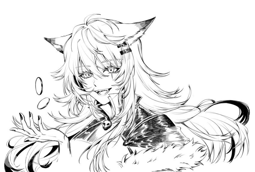 1girl animal_ears antenna_hair arknights cang_canggg coin greyscale hair_between_eyes hair_ornament hairclip hand_up highres lappland_(arknights) long_hair looking_at_viewer monochrome open_mouth portrait scar scar_across_eye simple_background skull solo teeth white_background wolf_ears wolf_girl