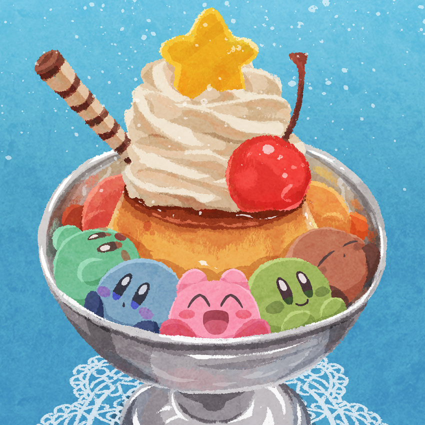 ^_^ blue_background blue_eyes blue_footwear blush_stickers cherry closed_eyes closed_mouth commentary cookie cup food food_focus fruit kirby kirby_(series) lace miclot no_humans open_mouth pink_footwear pudding shoes simple_background smile snow star_(symbol) whipped_cream