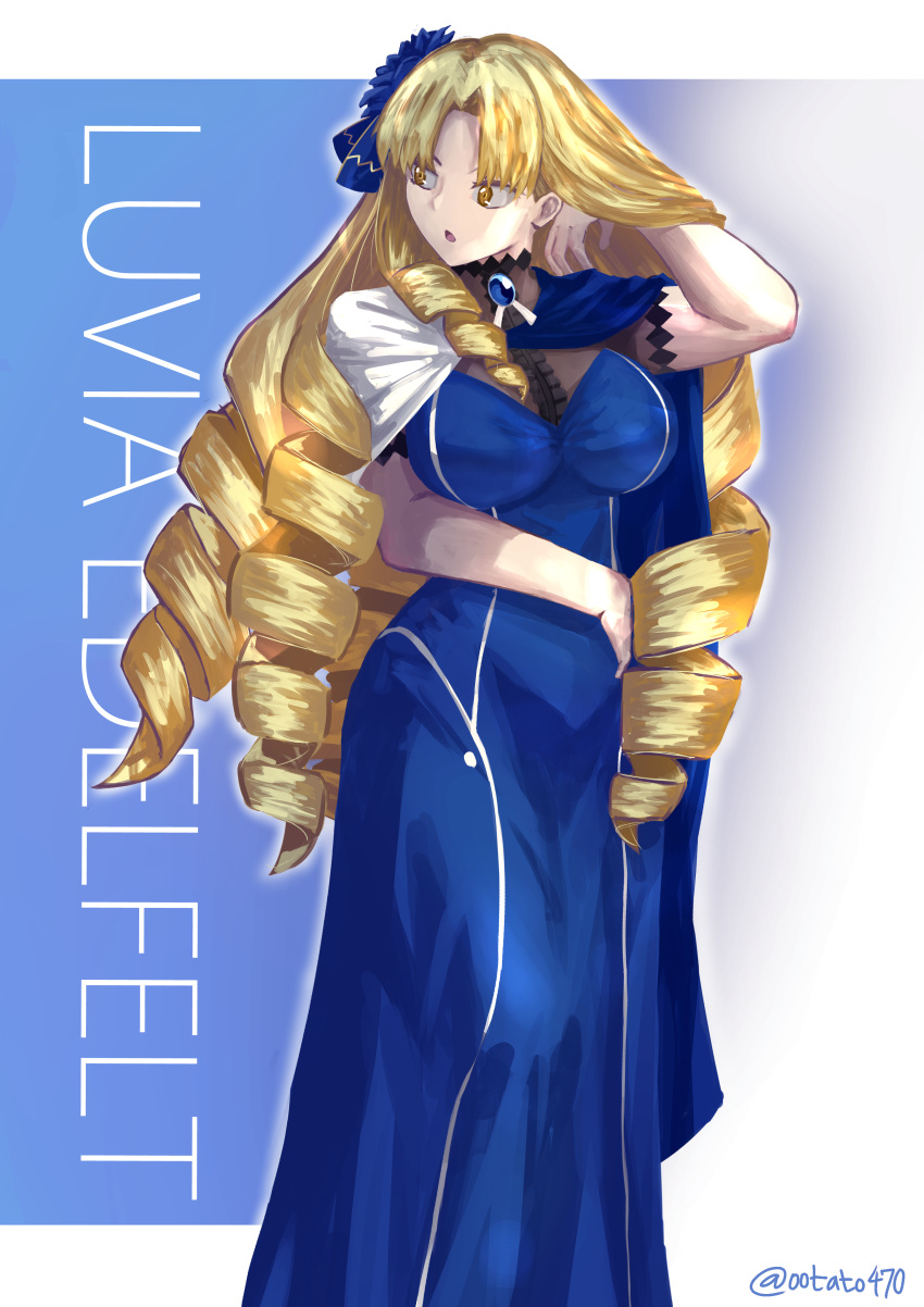 1girl absurdres blonde_hair blue_dress breasts brown_eyes character_name dress drill_hair fate/stay_night fate_(series) hair_ornament hair_ribbon highres large_breasts long_hair luviagelita_edelfelt ootato ribbon twitter_username