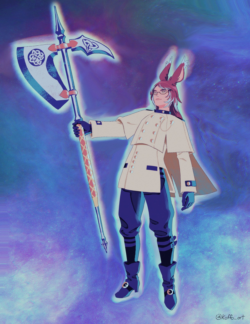 1boy animal_ears axe black_gloves boots capelet commentary english_commentary final_fantasy final_fantasy_xiv full_body glasses gloves highres holding holding_axe koffo-art long_hair male_focus rabbit_ears red_eyes redhead solo twitter_username viera warrior_of_light_(ff14)