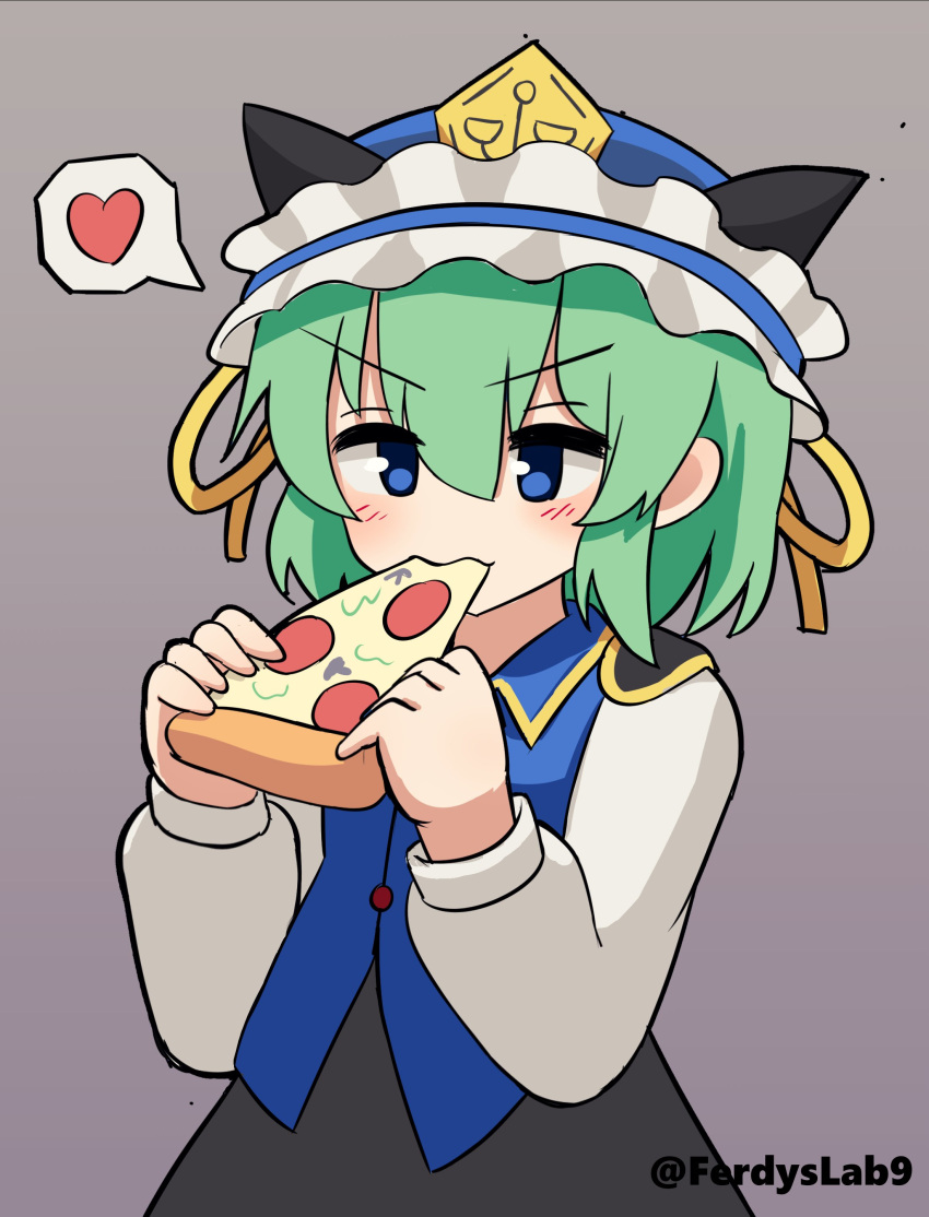 1girl absurdres blue_eyes blue_headwear blue_vest commentary commission eating english_commentary ferdy's_lab food frilled_hat frills green_hair grey_background hat heart highres holding holding_food holding_pizza long_sleeves pizza pizza_slice shiki_eiki short_hair simple_background solo spoken_heart touhou twitter_username v-shaped_eyebrows vest