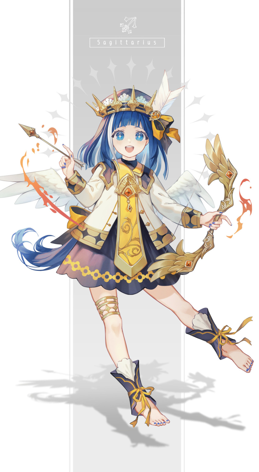 1girl :d angel_wings ankle_cuffs arrow_(projectile) barefoot black_dress black_headwear blue_eyes blue_nails blunt_bangs blunt_ends border bow bow_(weapon) crown_hat dress fire floating full_body gem gold_trim grey_background hair_bow hat hat_bow hat_feather highres holding holding_arrow holding_bow_(weapon) holding_weapon jacket long_hair long_sleeves looking_at_viewer low-tied_long_hair multicolored_hair nail_polish orange_bow orange_gemstone original pillarboxed ribbon sagittarius_(zodiac) shadow sleeve_cuffs smile solo star-shaped_pupils star_(symbol) streaked_hair symbol-shaped_pupils taranboman teeth thighlet toenail_polish toenails trapeze_dress upper_teeth_only weapon white_border white_hair white_jacket white_wings wings yellow_ribbon