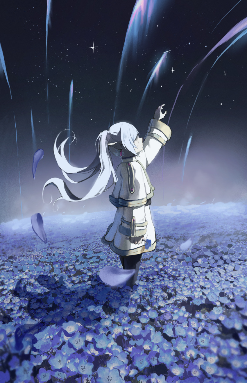 absurdres arm_up black_pants blue_flower capelet crying dotthebot dress earrings elf faceless faceless_female falling_petals field flower flower_field frieren highres holding holding_flower jewelry long_hair long_sleeves looking_up meteor_shower night night_sky outdoors pants petals pointy_ears profile sky sousou_no_frieren standing star_(sky) starry_sky twintails white_capelet white_dress white_hair