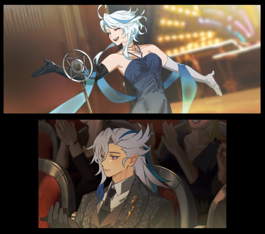 1boy 1girl aged_up asymmetrical_gloves black_gloves black_necktie blue_dress blue_hair breasts clapping closed_eyes dress elbow_gloves furina_(genshin_impact) gajyago genshin_impact gloves grey_hair hair_between_eyes highres jewelry medium_breasts mismatched_gloves multicolored_hair necklace necktie neuvillette_(genshin_impact) open_mouth pointy_ears shirt stage teeth upper_teeth_only white_gloves white_hair white_shirt
