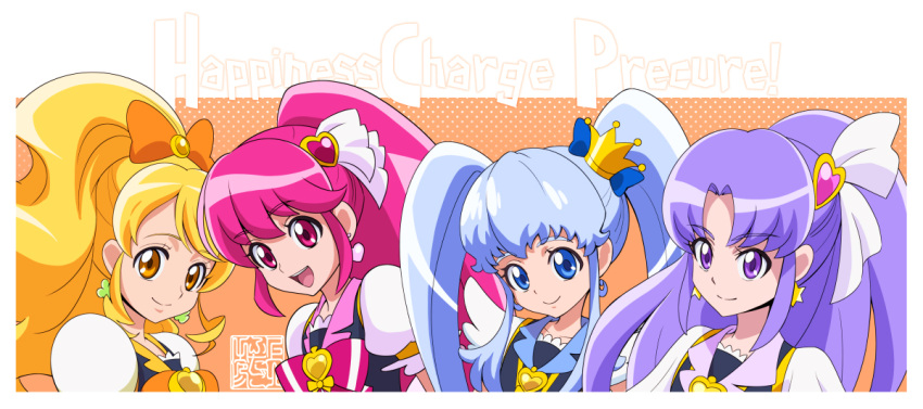 4girls :d aino_megumi artist_logo blonde_hair blue_eyes blue_hair bow clover_earrings commentary_request copyright_name cure_fortune cure_honey cure_lovely cure_princess earrings eyelashes hair_bow hair_ornament happinesscharge_precure! happy heart heart_earrings high_ponytail hikawa_iona jewelry kamikita_futago light_blue_hair long_hair looking_at_viewer magical_girl multiple_girls oomori_yuuko open_mouth orange_bow pink_eyes pink_hair ponytail precure puffy_short_sleeves puffy_sleeves purple_hair shirayuki_hime short_sleeves smile star_(symbol) star_earrings twintails vest violet_eyes yellow_eyes
