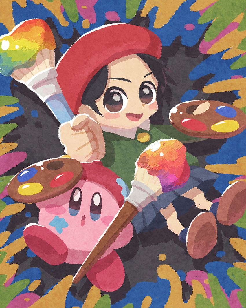 1girl adeleine artist_kirby beret blue_eyes blue_skirt blush_stickers brown_eyes brown_footwear copy_ability green_sweater hat highres holding holding_paintbrush kirby kirby_(series) looking_at_viewer miclot open_mouth paint_splatter paintbrush palette_(object) pink_footwear red_headwear shoes skirt smile sweater