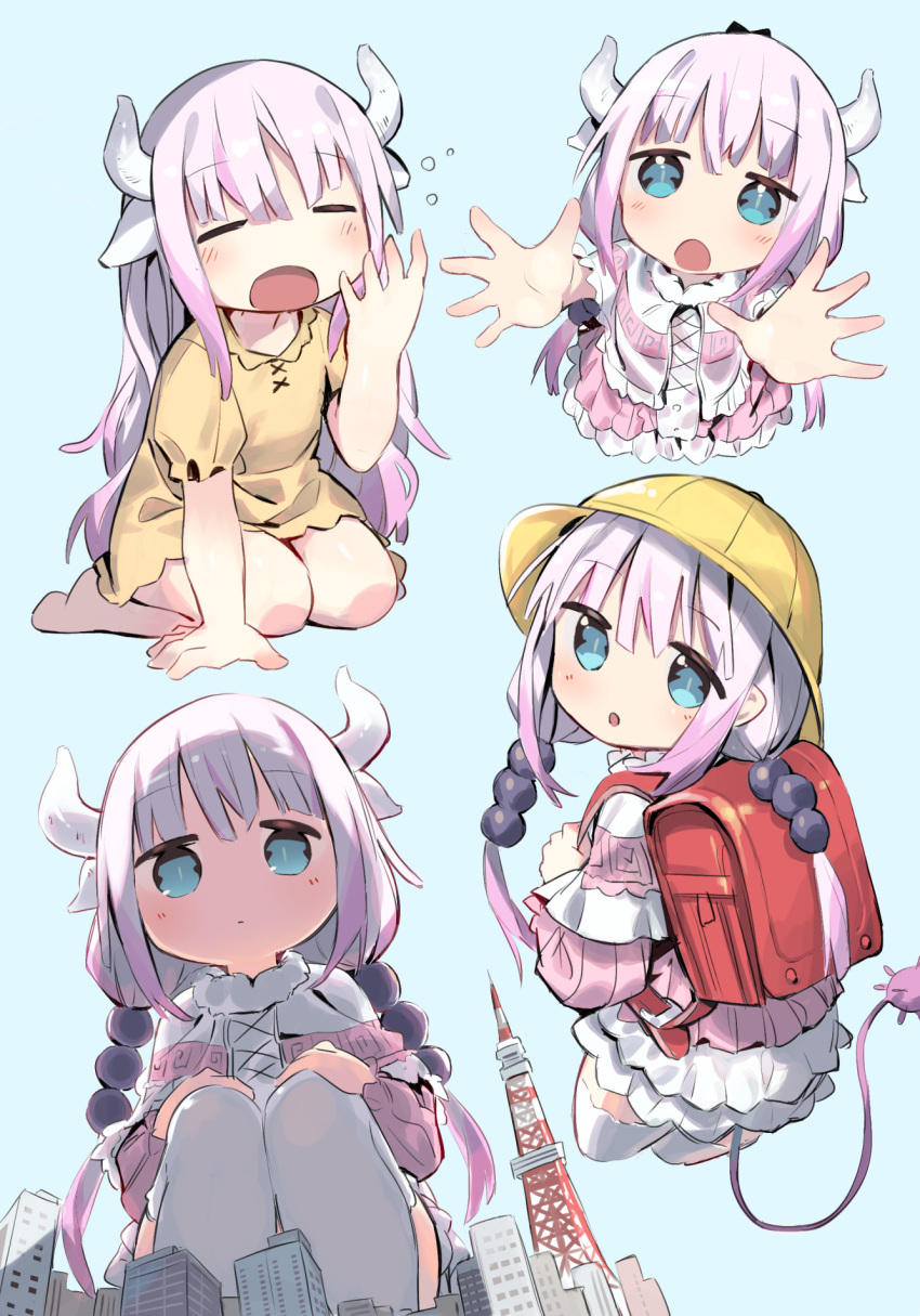 1girl :o :| =_= backpack bag beads blue_eyes blunt_bangs cloneko_(zelmeledf2) closed_mouth dragon_girl dragon_horns from_above from_below from_side giant giantess hair_beads hair_ornament hands_on_own_knees hat highres horns jitome kanna_kamui kobayashi-san_chi_no_maidragon long_hair low_twintails outstretched_arms pajamas pink_hair purple_hair randoseru school_hat sleepy spread_fingers squatting thigh-highs tokyo_tower twintails white_thighhighs yawning yellow_pajamas