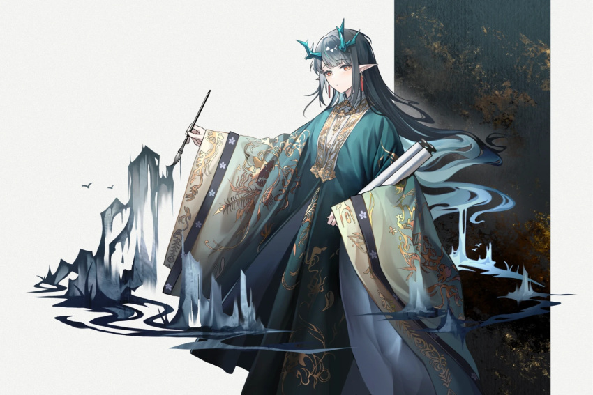 1girl arknights bird black_hair calligraphy_brush chinese_clothes dusk_(arknights) earrings highres horns jewelry long_hair looking_at_viewer mountain paintbrush pointy_ears red_eyes umie_(iowae)