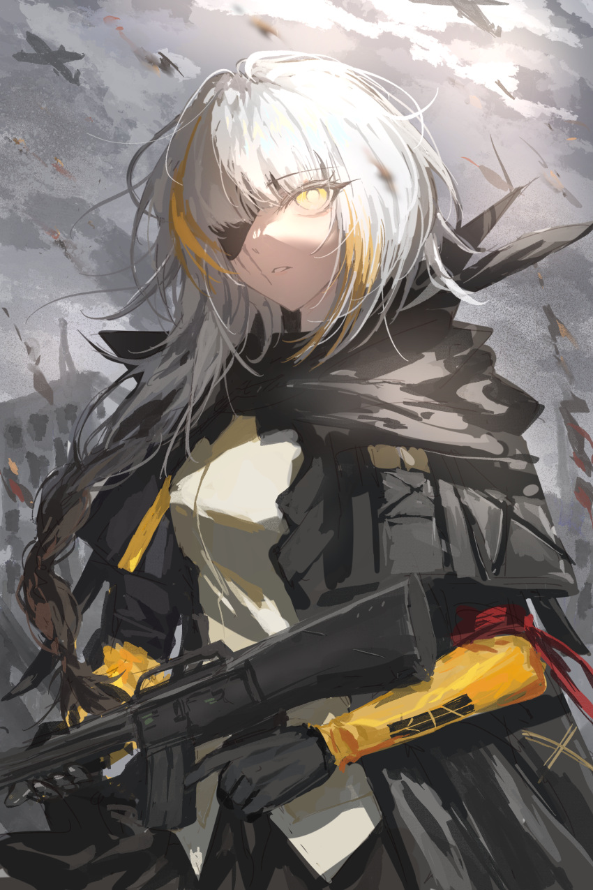 1girl absurdres aircraft airplane assault_rifle bad_gun_anatomy black_cloak black_gloves bomber braid braided_ponytail burning_building chinese_commentary cloak commentary_request commission debris eyepatch girls_frontline gloves gradient_hair gun highres holding holding_gun holding_weapon looking_at_viewer m16 m16a1_(girls'_frontline) magazine_(weapon) military_vehicle multicolored_hair one_eye_covered overcast rifle ruins scar scar_across_eye scar_on_cheek scar_on_face shirt sky smoke solo streaked_hair upper_body war weapon white_hair xiegegege_gezi yellow_eyes yellow_shirt