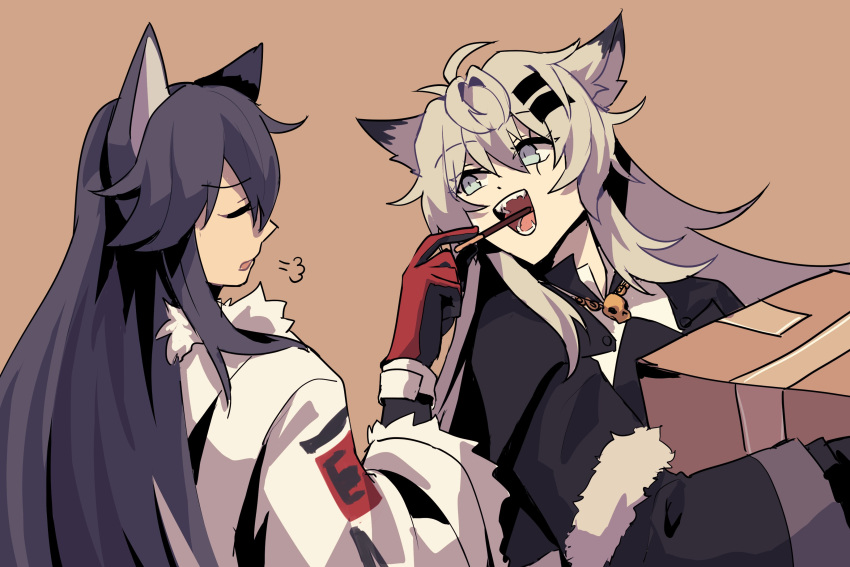 2girls =3 absurdres animal_ears antenna_hair arknights black_coat black_gloves black_hair box brown_background cardboard_box closed_eyes coat fangs feeding food fur-trimmed_coat fur_trim gloves grey_hair hair_ornament hairclip highres holding holding_box holding_food holding_pocky lahaijiaojiao lappland_(arknights) lappland_(refined_horrormare)_(arknights) long_hair looking_at_another messy_hair multiple_girls official_alternate_costume open_mouth pocky red_gloves simple_background teeth texas_(arknights) texas_(winter_messenger)_(arknights) two-tone_gloves upper_body white_coat winter_clothes winter_coat wolf_ears wolf_girl