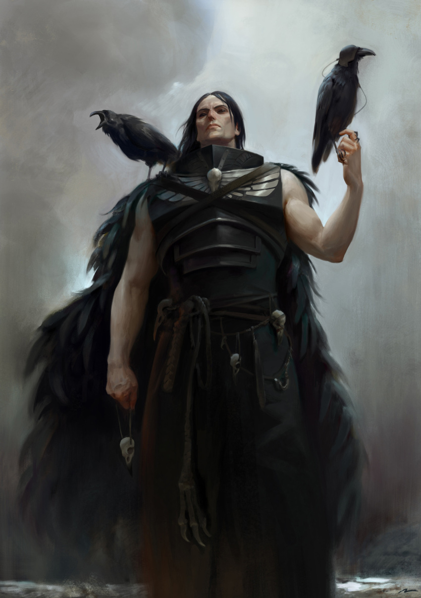 1boy absurdres animal_on_shoulder animal_skull armor bare_arms belt bird bird_on_hand bird_on_shoulder black_armor black_eyes black_hair black_robe black_sclera cloud cloudy_sky colored_sclera commentary corvus_corax_(warhammer) crow english_commentary falconry_hood feather_cape from_below highres holding holding_jewelry holding_necklace jewelry long_hair male_focus muscular muscular_male necklace official_art oruam outdoors photoshop_(medium) power_armor primarch raven_guard robe sky solid_eyes solo_focus warhammer_40k