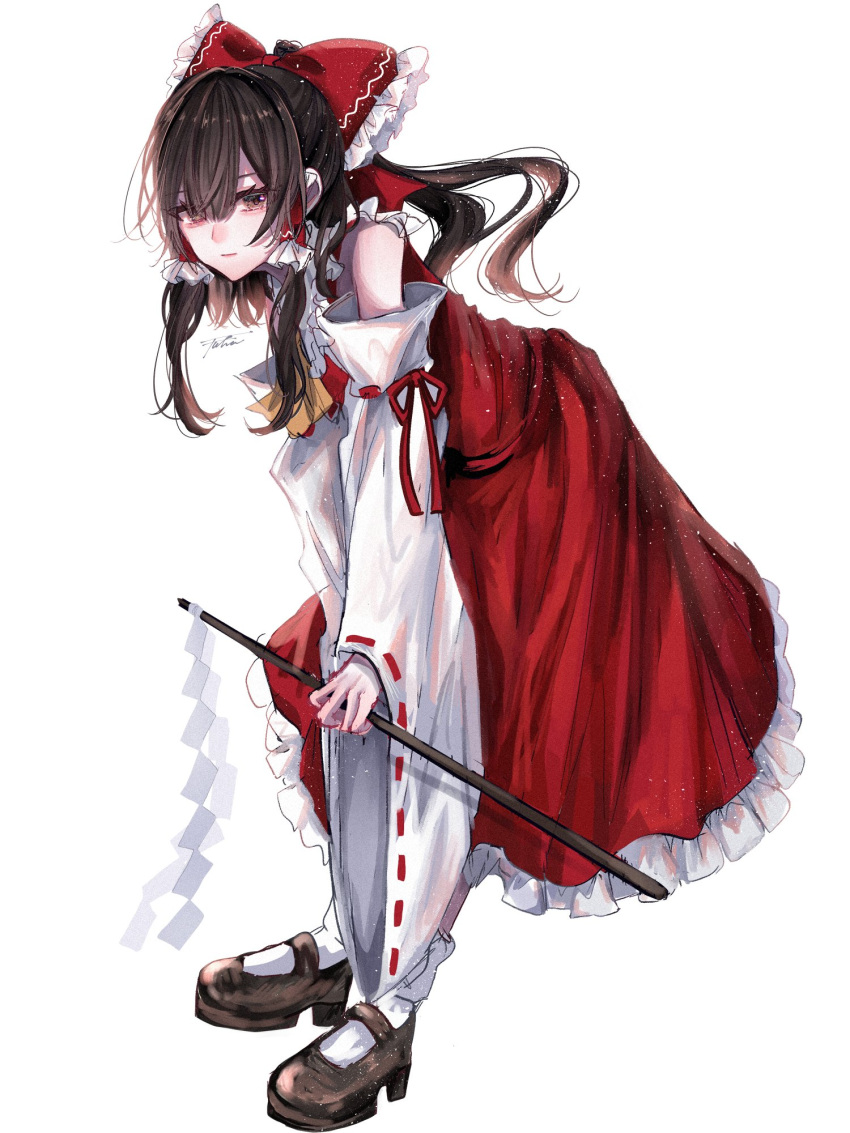 1girl annin_cha bare_shoulders black_footwear blush bow brown_eyes brown_hair closed_mouth detached_sleeves frilled_skirt frills full_body gohei hair_between_eyes hair_bow hair_tubes hakurei_reimu highres holding holding_gohei japanese_clothes long_hair looking_at_viewer nontraditional_miko red_bow red_skirt ribbon-trimmed_sleeves ribbon_trim shoes sidelocks signature simple_background skirt socks solo touhou white_background white_sleeves white_socks wide_sleeves