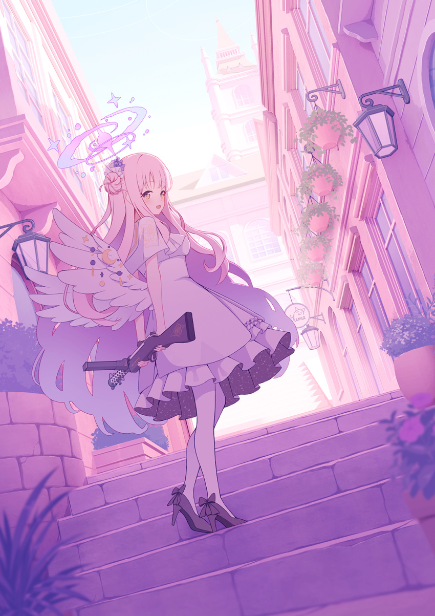 1girl :d arms_behind_back black_footwear blue_archive breasts building capelet dress gun halo hanging_plant high_heels highres holding holding_gun holding_weapon lamp lanchester_smg looking_at_viewer low_wings mika_(blue_archive) on_stairs outdoors pantyhose pink_hair pink_theme plant potted_plant sign smile solo stairs submachine_gun weapon white_capelet white_dress white_pantyhose window wings yellow_eyes yuma_(594986561)