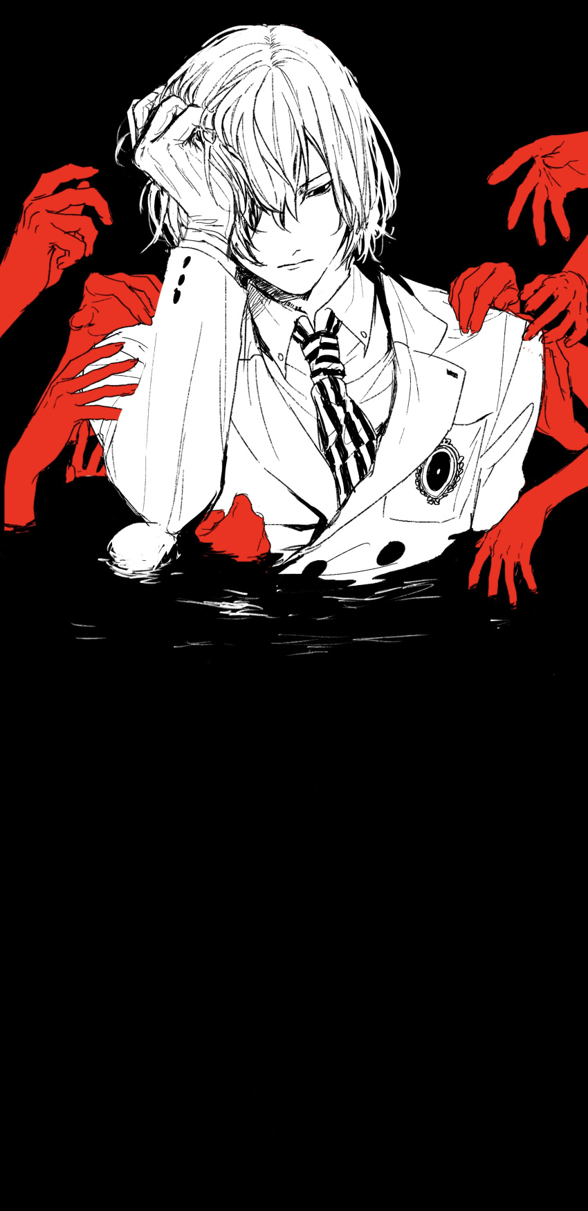1boy absurdres akechi_gorou black_background closed_mouth collared_shirt disembodied_limb gloves hair_between_eyes hand_in_own_hair hand_on_another's_shoulder hand_up highres jacket kaisen_(kaisen_inari) long_sleeves looking_down male_focus necktie partially_submerged persona persona_5 shirt short_hair solo_focus spot_color striped_necktie upper_body