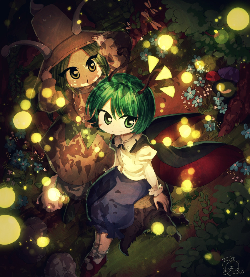 1girl 1other amanomori_shou androgynous antennae black_cape blue_flower blue_pants brown_headwear brown_pants brown_vest bug cape closed_mouth commentary_request crossover dragonfly firefly flat_chest flower forest grass green_eyes green_hair hands_on_headwear hat highres jynx_(style) len'en long_sleeves mary_janes nature night notice_lines outdoors pants pants_under_skirt red_footwear shirt shoes short_hair sitting sitting_on_tree_stump smile socks touhou tree_stump vest white_pants white_shirt white_socks wriggle_nightbug yukkyon_kyon