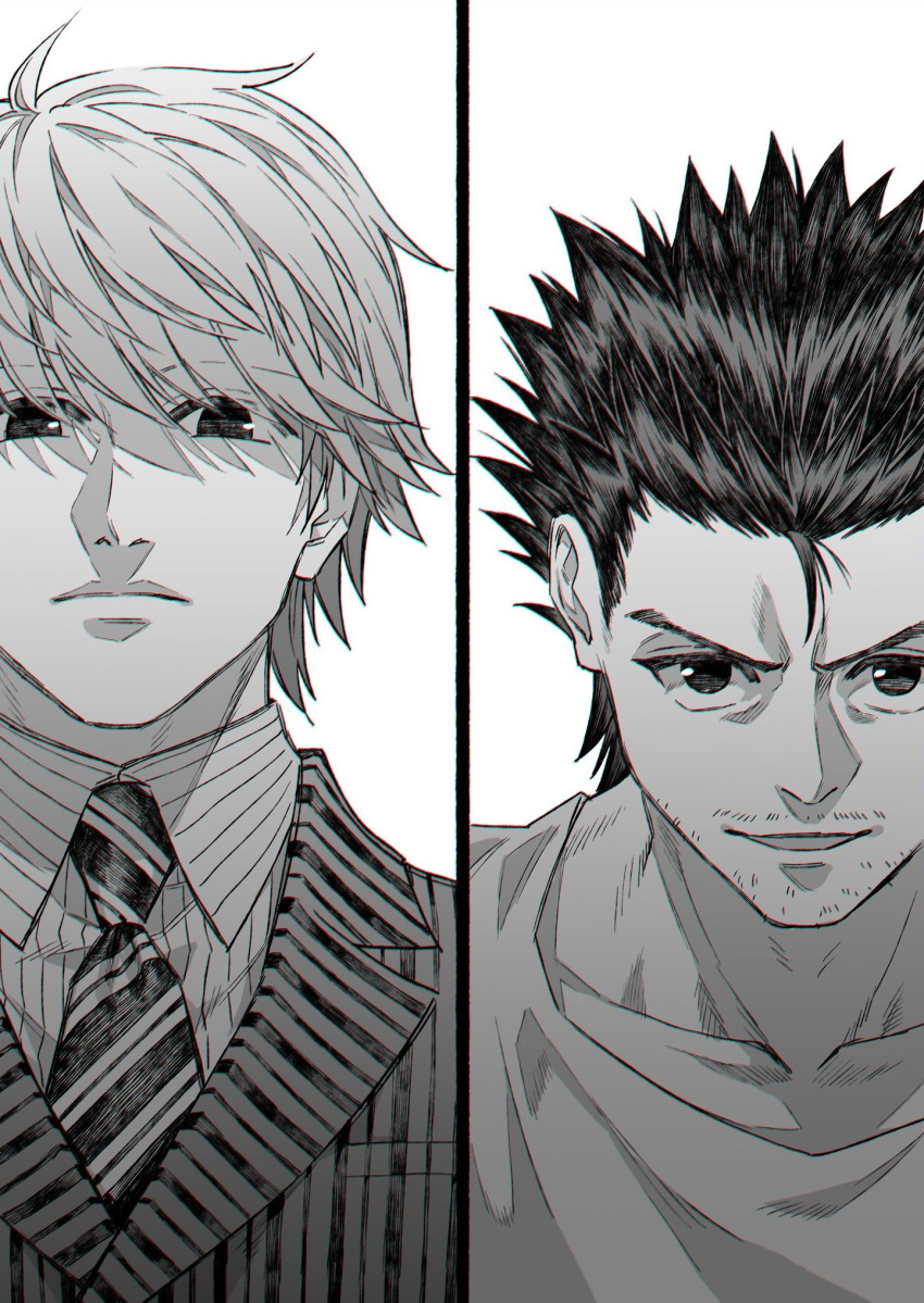 collarbone commentary_request facial_hair formal ging_freecss greyscale highres hunter_x_hunter light_frown male_focus monochrome pariston_hill short_hair smile sss14sana suit