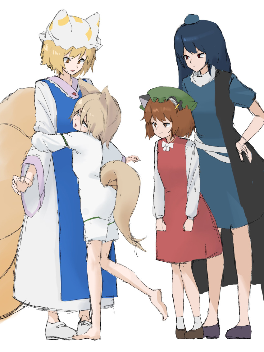 4girls :/ absurdres angry animal_ear_piercing animal_ears arms_at_sides bare_legs barefoot blonde_hair blue_dress blue_hair blue_headwear blue_tabard brown_eyes brown_hair cat_ears chen closed_mouth commentary_request dark_blue_hair dress earrings fox_ears fox_tail frills full_body green_headwear hair_between_eyes hand_on_own_hip hat height_difference highres hug iizunamaru_megumu jewelry knees_together_feet_apart kudamaki_tsukasa legs_together long_hair long_sleeves looking_down mob_cap mori_dobonua_(mordvna) multiple_girls no_tail open_mouth petite pigeon-toed red_dress short_sleeves simple_background single_earring standing tabard tail tokin_hat touhou v-shaped_eyebrows white_background white_dress white_footwear white_headwear white_romper wide_sleeves yakumo_ran yuri