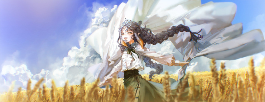 1girl belt black_belt black_bow black_skirt blanket bow braid center_frills closed_eyes clouds cloudy_sky collared_shirt fang frills high-waist_skirt highres holding holding_blanket hololive hololive_english long_hair long_sleeves ninomae_ina'nis orange_hair outstretched_arms plaid plaid_skirt puffy_sleeves purple_hair quasarcake shirt shirt_tucked_in skirt sky tentacle_hair twin_braids very_long_hair virtual_youtuber wheat wheat_field wind