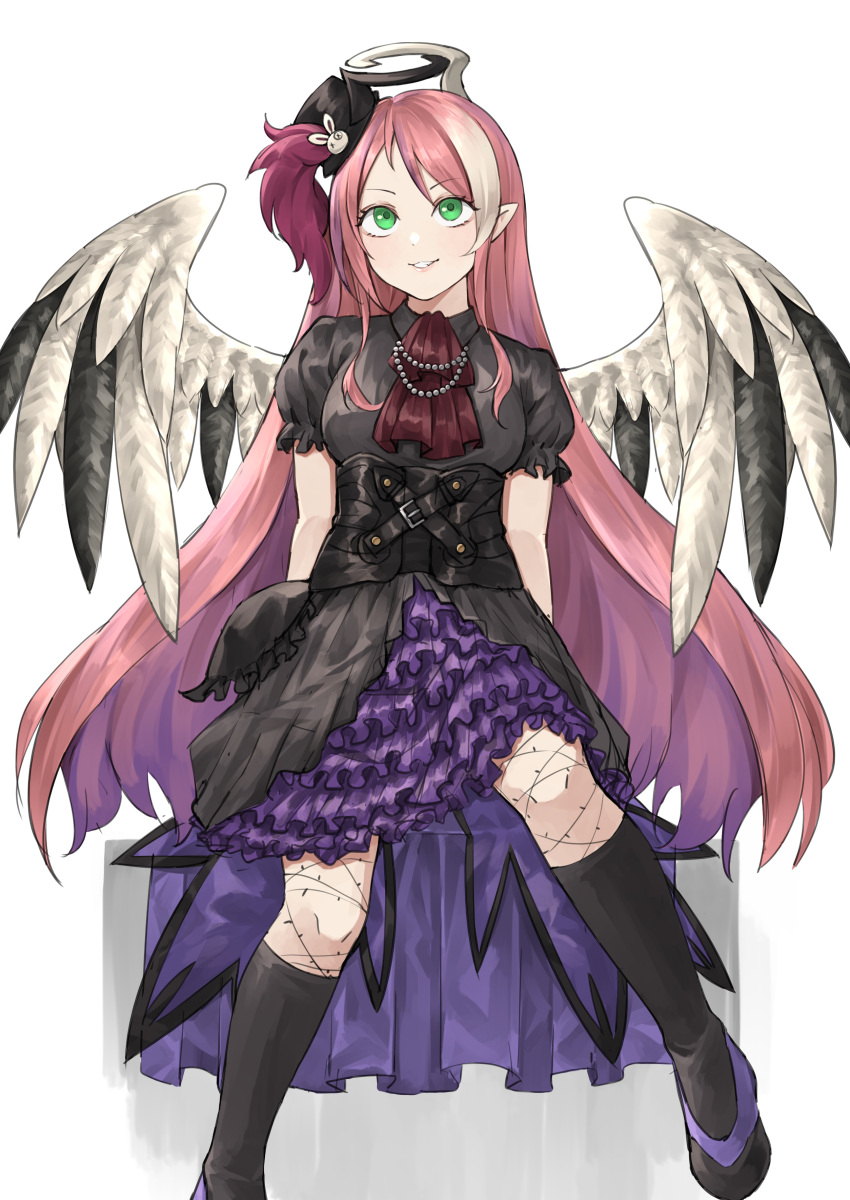 1girl absurdres angel_wings ascot dress duel_monster feathered_wings frilled_skirt frills full_body ghostrick_angel_of_mischief green_eyes halo hat highres jewelry kneehighs meshida_(lux-far-accelerator) mini_hat mini_top_hat necklace parted_lips pearl_necklace pink_hair pointy_ears shoes short_sleeves simple_background skirt socks solo top_hat white_background white_hair wings yu-gi-oh!