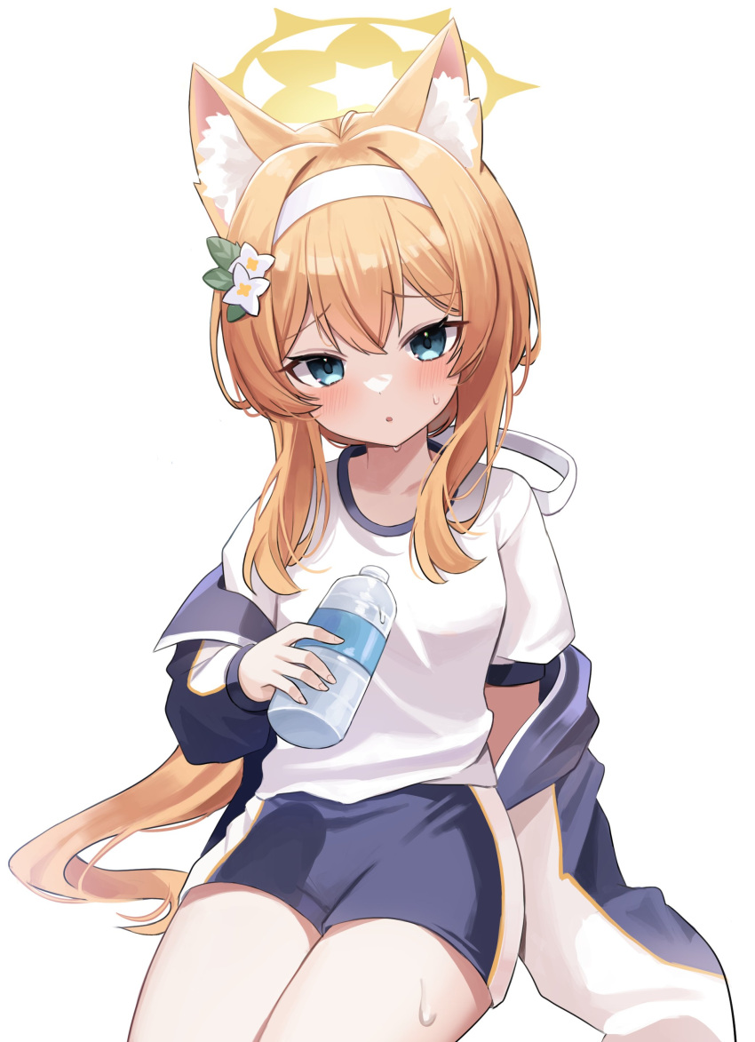 1girl absurdres animal_ear_fluff animal_ears black_shorts blue_archive blue_eyes blush bottle breasts cowboy_shot flower gym_shirt gym_uniform hair_between_eyes hair_flower hair_ornament hairband halo highres holding holding_bottle jacket long_hair looking_at_viewer mari_(blue_archive) mari_(track)_(blue_archive) nannung official_alternate_costume orange_hair parted_lips shirt short_sleeves shorts simple_background small_breasts solo track_jacket water_bottle white_background white_flower white_hairband white_shirt yellow_halo