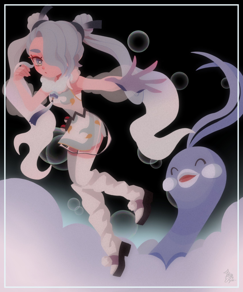 1girl altaria bare_shoulders black_background border bright_pupils bubble closed_mouth clouds detached_sleeves double_bun dress flying_miku_(project_voltage) full_body fur_collar gradient_hair grey_eyes grey_hair hair_bun hair_over_one_eye hatsune_miku highres kneehighs long_hair long_sleeves looking_at_viewer loose_socks multicolored_hair no_lineart one_eye_covered outside_border poke_ball pokemon pokemon_(creature) pom_pom_(clothes) project_voltage sandals see-through see-through_sleeves short_dress sleeveless sleeveless_dress socks solo tassel twintails very_long_hair vocaloid waist_poke_ball white_border white_hair white_pupils white_socks yorita_genyu