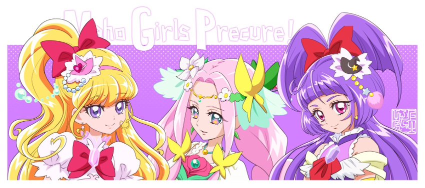 3girls artist_logo asahina_mirai blonde_hair bow brooch commentary_request copyright_name cure_felice cure_magical cure_miracle earrings eyelashes flower hair_bow hair_flower hair_ornament hairband half_updo hanami_kotoha happy hat high_ponytail high_side_ponytail izayoi_liko jewelry kamikita_futago long_hair looking_at_viewer magical_girl mahou_girls_precure! mini_hat mini_witch_hat multiple_girls pink_bow pink_eyes pink_hair ponytail precure puffy_short_sleeves puffy_sleeves purple_hair short_sleeves side_ponytail sleeveless smile twintails violet_eyes witch witch_hat