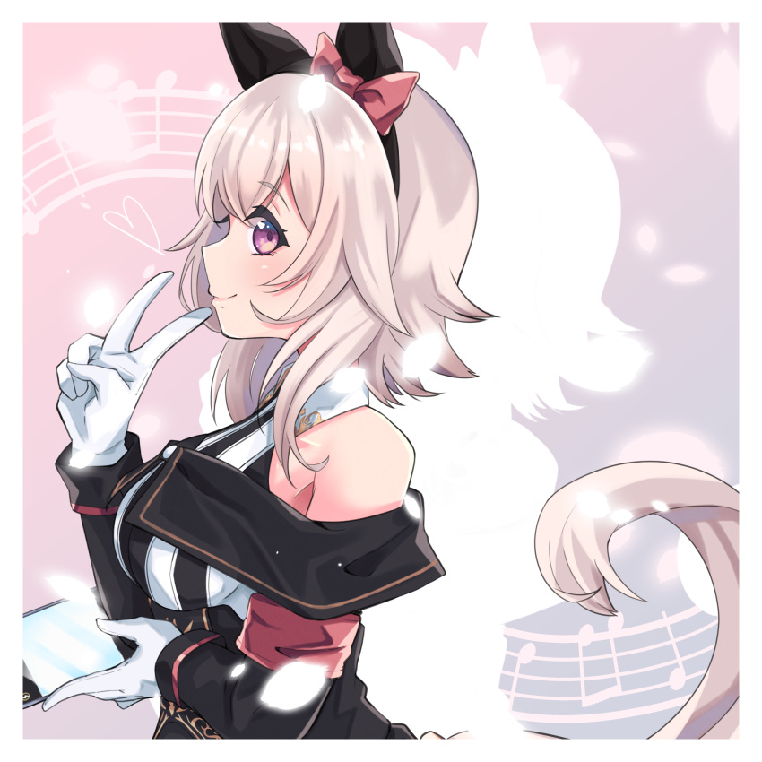 animal_ears armband breasts cellphone closed_mouth commentary_request curren_chan_(umamusume) gloves grey_hair hair_ornament headband highres holding horse_ears horse_girl horse_tail looking_at_viewer medium_breasts musical_note phone ribbon smile solo soundsechop tail umamusume v