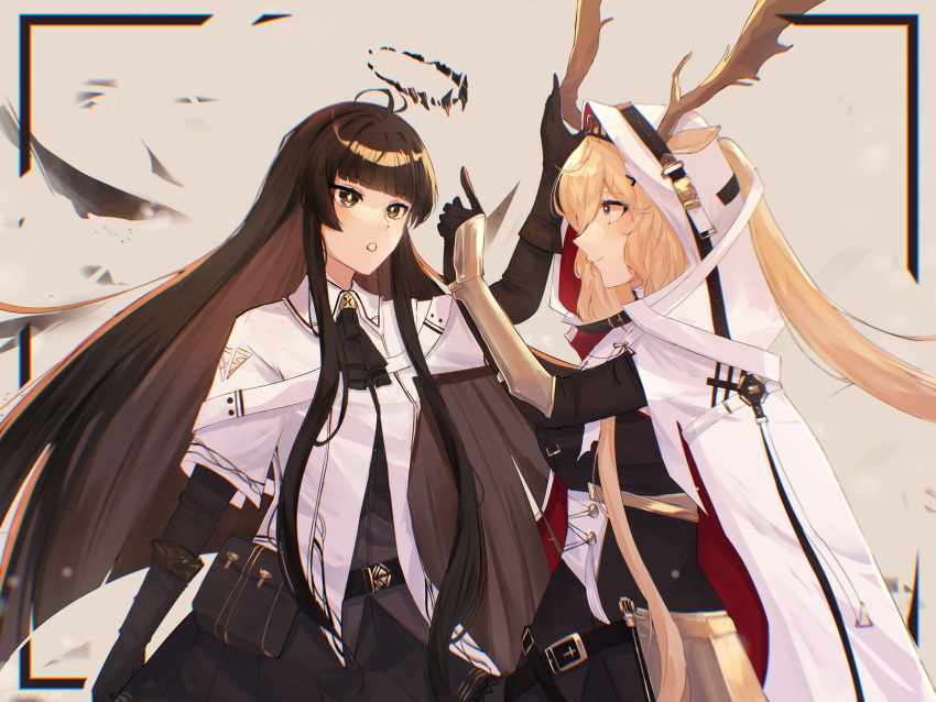 2girls :o absurdres ahoge animal_ears antenna_hair antlers antlers_through_headwear antlers_through_hood arknights armor ascot belt belt_buckle belt_pouch black_ascot black_belt black_border black_bustier black_gloves black_halo black_pouch black_skirt black_wings blonde_hair blunt_bangs blurry blurry_background border breasts broken_halo brown_belt brown_dress brown_eyes brown_hair buckle bustier buttons cloak collared_jacket colored_inner_hair commentary commission cowboy_shot dark_halo deer_antlers deer_ears deer_girl depth_of_field detached_wings dress dress_shirt ears_through_headwear ears_through_hood energy_wings english_commentary eye_contact eyelashes from_side gauntlets gloves grey_shirt hair_between_eyes hair_through_headwear hair_through_hood halo hand_up highres hime_cut hood hood_up hooded_cloak index_finger_raised jacket kazuuu_art large_breasts layered_sleeves light_brown_hair light_smile lips lipstick long_hair long_sleeves looking_at_another makeup metal metal_gloves miniskirt multicolored_cloak multicolored_clothes multicolored_dress multicolored_gloves multicolored_hair multiple_girls open_mouth outside_border outstretched_hand pale_skin pleated_skirt pouch profile red_cloak red_hood red_lips sepia_background shirt short_over_long_sleeves short_sleeved_jacket short_sleeves sidelocks simple_background skirt small_breasts standing twitter_username two-tone_cloak two-tone_dress two-tone_gloves two-tone_hair two-tone_hood very_long_hair violet_eyes virtuosa_(arknights) viviana_(arknights) white_belt white_cloak white_dress white_hood white_jacket wide_sleeves wing_collar wings yellow_gloves yellow_pupils